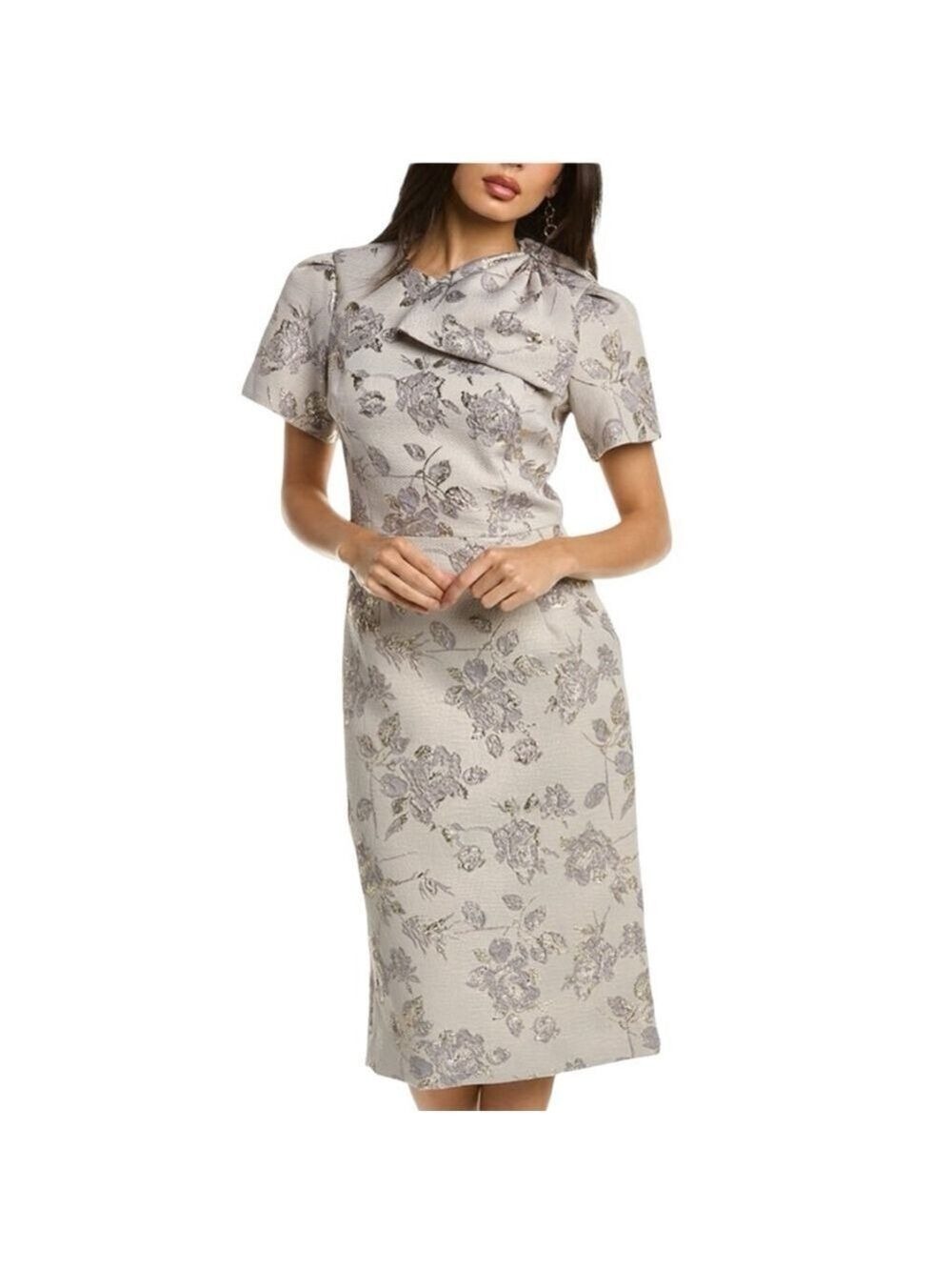 Teri Jon Silver Jacquard Bow Shoulder Sheath Cocktail Dress Size 4